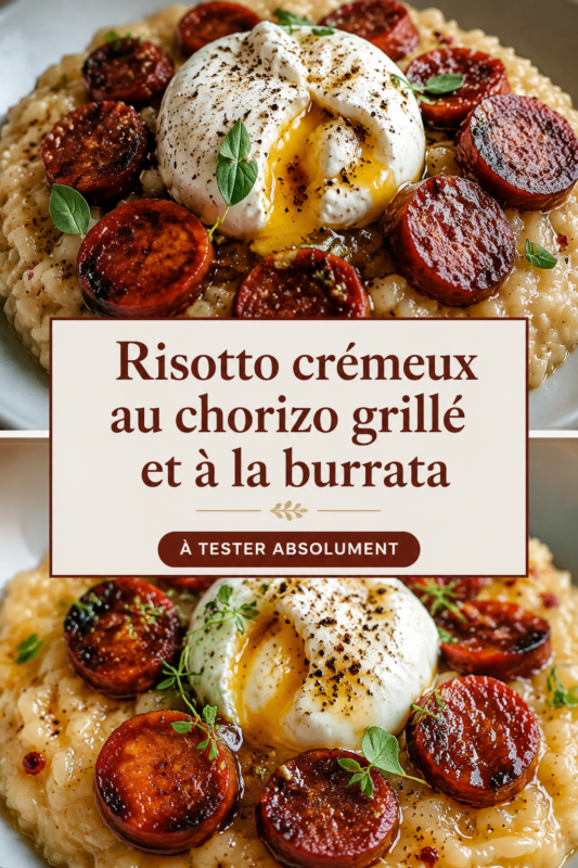 Risotto crémeux au chorizo grillé et à la burrata, présenté dans une assiette élégante.