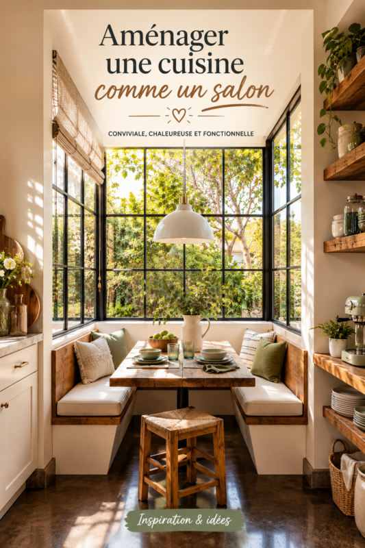 Cuisine aménagée en espace salon chaleureux avec des meubles confortables
