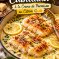 Dos de cabillaud à la crème de parmesan et citron, accompagné de légumes frais.