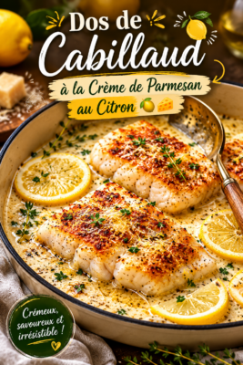 Dos de cabillaud à la crème de parmesan et citron, accompagné de légumes frais.