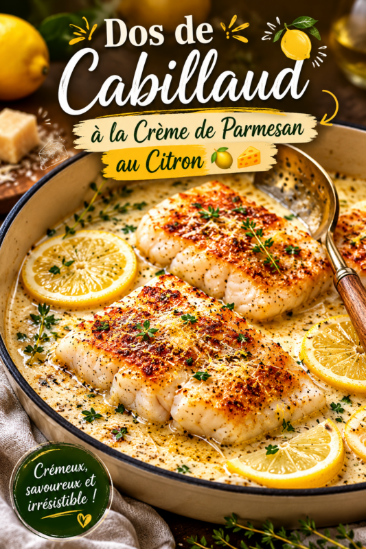 Dos de cabillaud à la crème de parmesan et citron, accompagné de légumes frais.