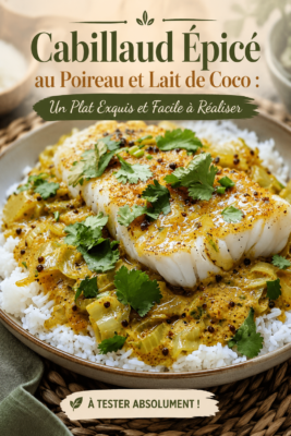 Plat de cabillaud épicé accompagné de poireaux et de lait de coco, servi dans une assiette colorée.