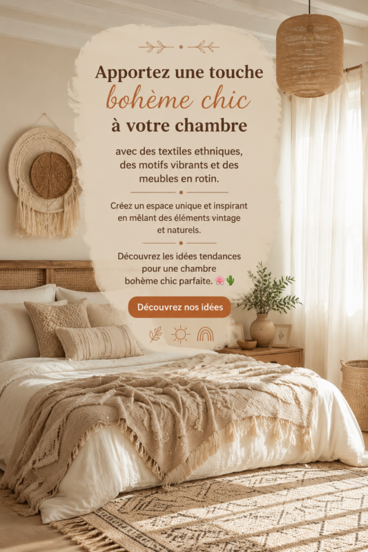 Une chambre bohème chic avec textiles ethniques et meubles en rotin