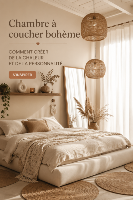 Chambre décorée dans un style boho chaleureux avec des textiles colorés.
