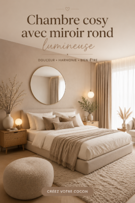 Chambre cosy avec un miroir rond qui reflète la lumière