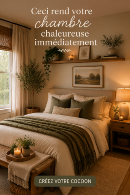 Chambre décorée avec des textiles douillets et des plantes, créant une ambiance cosy.