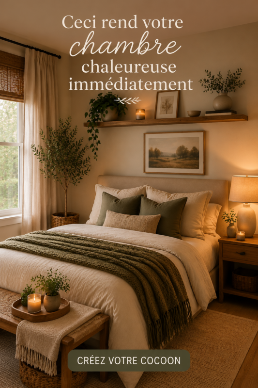 Chambre décorée avec des textiles douillets et des plantes, créant une ambiance cosy.