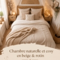 Chambre chaleureuse en beige avec des éléments en rotin
