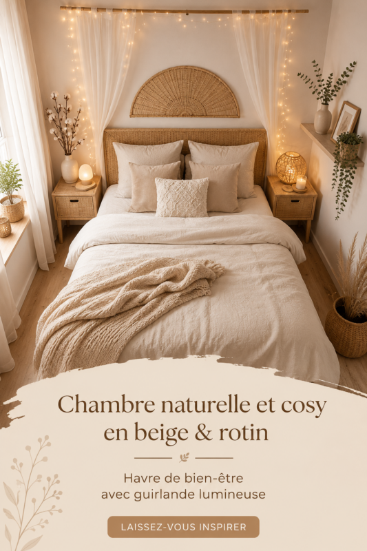 Chambre chaleureuse en beige avec des éléments en rotin