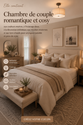 Chambre de couple cozy avec décoration moderne et éclairage doux