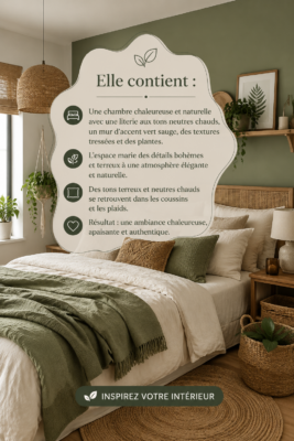 Chambre cosy avec mur accent vert sauge et lit aux teintes terreuses