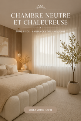 Chambre décorée avec des tons neutres et chaleureuses, offrant une ambiance cosy.