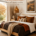 Chambre cosy avec des tons neutres, art mural élégant et tapis doux.