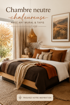 Chambre cosy avec des tons neutres, art mural élégant et tapis doux.