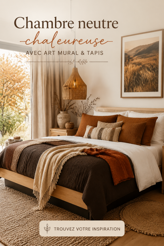 Chambre cosy avec des tons neutres, art mural élégant et tapis doux.