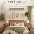 Chambre inspirée par la nature avec des murs roses et des accessoires verts sauge, créant une ambiance cosy.
