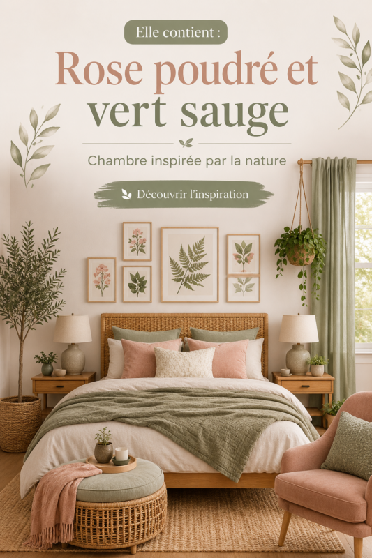 Chambre inspirée par la nature avec des murs roses et des accessoires verts sauge, créant une ambiance cosy.