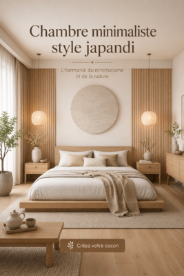 Une chambre minimaliste au style Japandi, avec des lignes épurées et des éléments naturels.