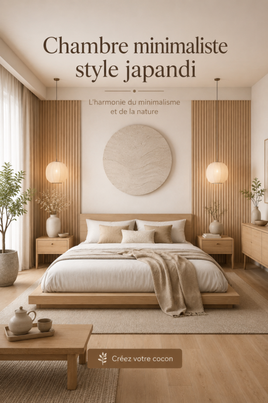 Une chambre minimaliste au style Japandi, avec des lignes épurées et des éléments naturels.
