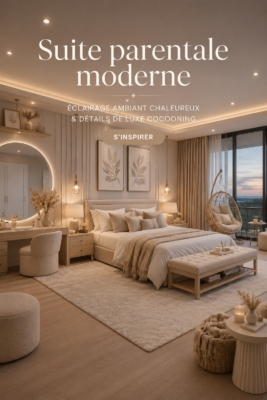 Chambre moderne avec des touches chaleureuses et un éclairage ambiant doux