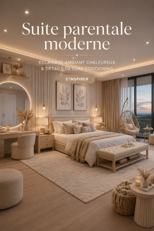 Chambre moderne avec des touches chaleureuses et un éclairage ambiant doux