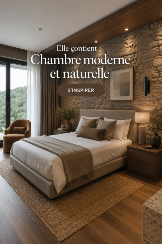 Chambre moderne avec des éléments naturels et une décoration cosy.