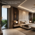 Une chambre moderne avec un grand lit et une tête de lit stylée, aménagée de manière cosy