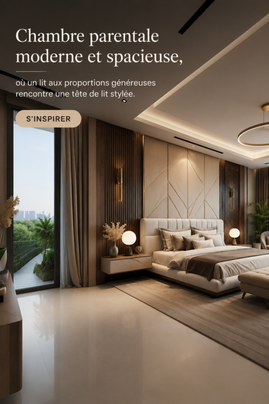 Une chambre moderne avec un grand lit et une tête de lit stylée, aménagée de manière cosy