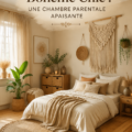 Chambre parentale décorée dans un style bohème chic apaisant avec des couleurs douces et des textures naturelles.