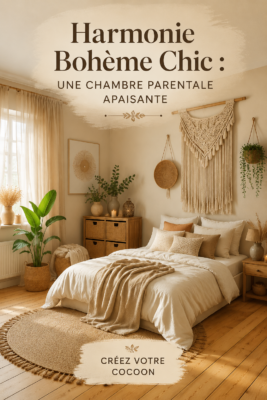 Chambre parentale décorée dans un style bohème chic apaisant avec des couleurs douces et des textures naturelles.