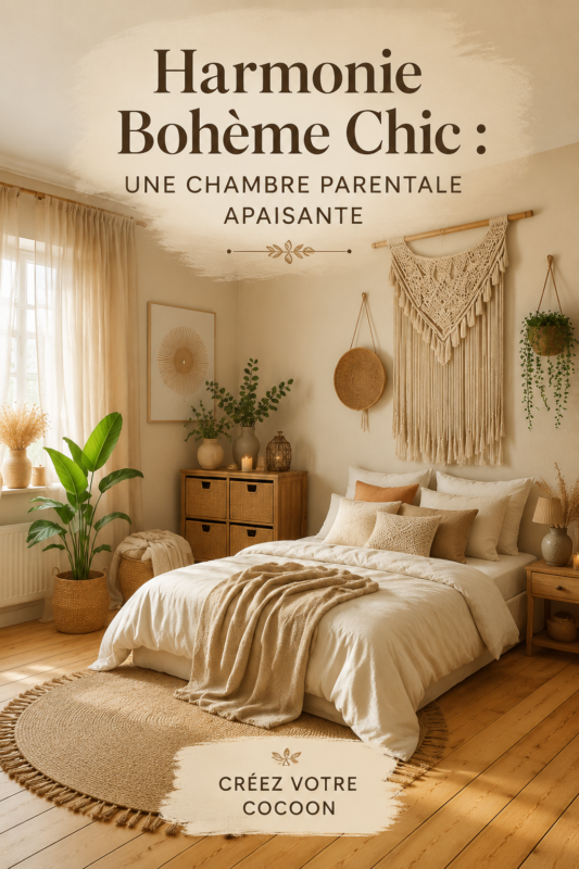 Chambre parentale décorée dans un style bohème chic apaisant avec des couleurs douces et des textures naturelles.