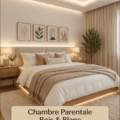 Chambre parentale décorée en bois et blanc avec une ambiance chaleureuse