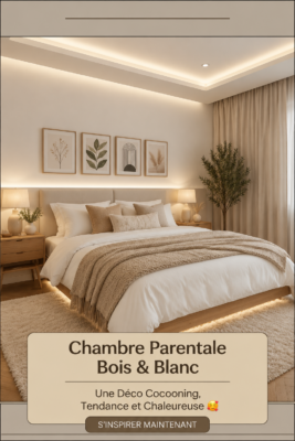 Chambre parentale décorée en bois et blanc avec une ambiance chaleureuse
