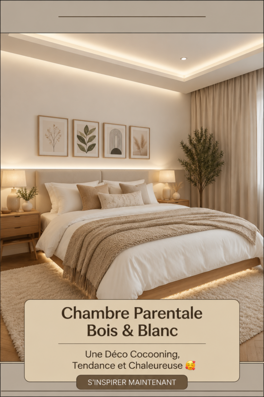 Chambre parentale décorée en bois et blanc avec une ambiance chaleureuse
