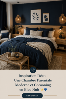 Chambre parentale moderne en bleu nuit, avec des éléments cocooning.