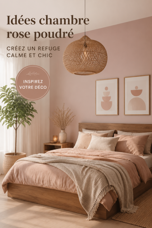 Chambre décorée en rose poussiéreux avec des accessoires chic et apaisants