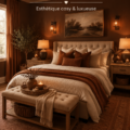 Chambre cosy en terracotta avec des accents chaleureux et élégants.