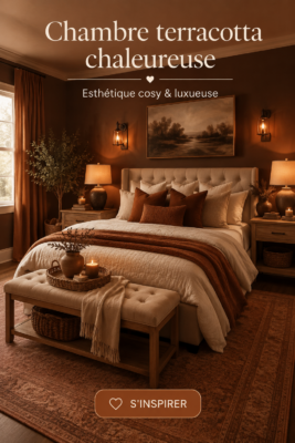 Chambre cosy en terracotta avec des accents chaleureux et élégants.