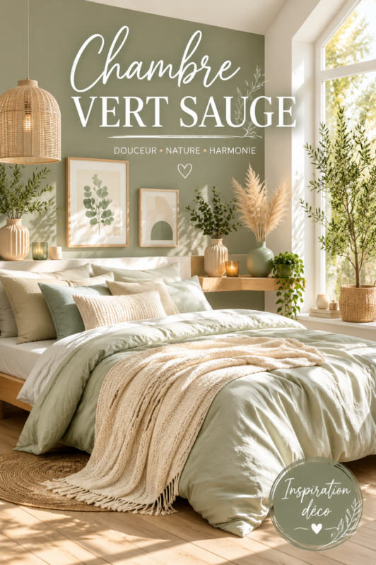 Chambre décorée avec des murs vert sauge et des éléments en bois naturel