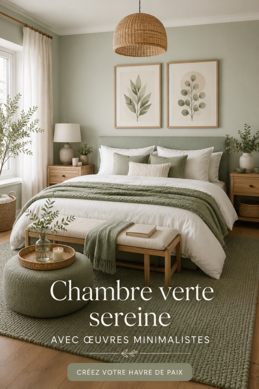 Chambre apeaisante avec des murs verts et une décoration minimaliste