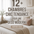 Une chambre moderne avec décoration chic et cosy, mettant en avant des couleurs douces et des textures chaleureuses.