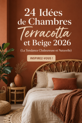 Chambre décorée en terracotta et beige, créant une ambiance chaleureuse