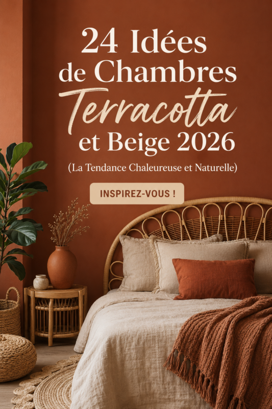 Chambre décorée en terracotta et beige, créant une ambiance chaleureuse