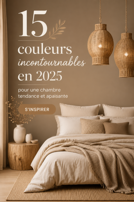 Chambre décorée avec des couleurs tendance apaisantes de 2025, créant une ambiance cosy.