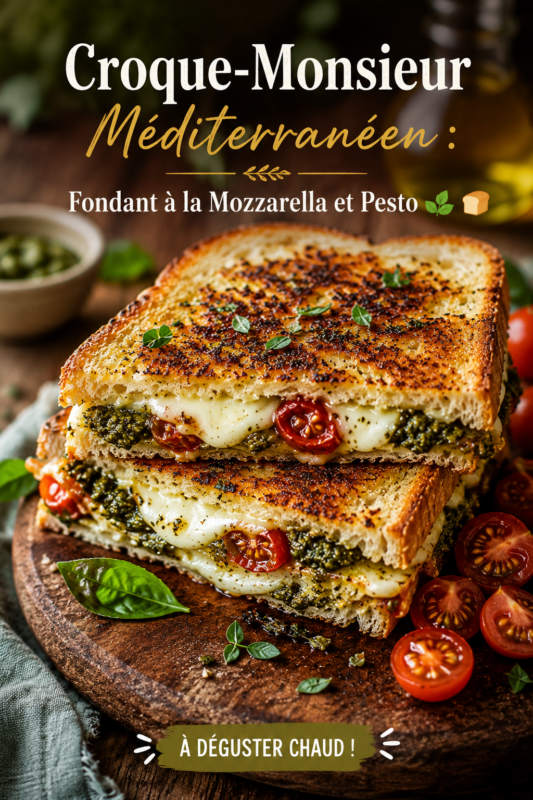 Croque-monsieur méditerranéen préparé avec mozzarella et pesto