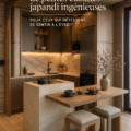 Cuisine Japandi avec des éléments en bois et des lignes épurées, montrant une atmosphère cosy.