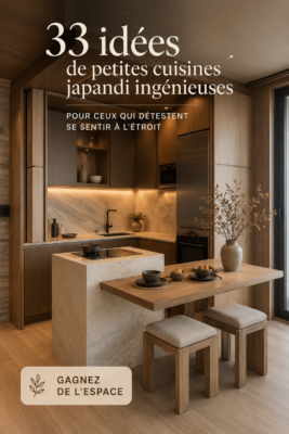 Cuisine Japandi avec des éléments en bois et des lignes épurées, montrant une atmosphère cosy.
