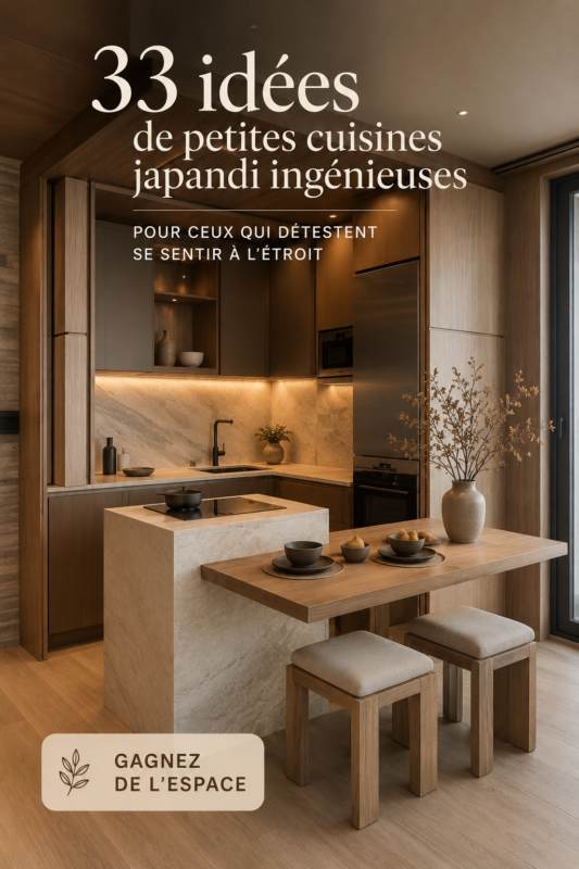 Cuisine Japandi avec des éléments en bois et des lignes épurées, montrant une atmosphère cosy.