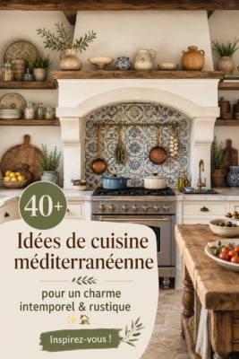 Une illustration d'une cuisine méditerranéenne contemporaine avec des accents rustiques.