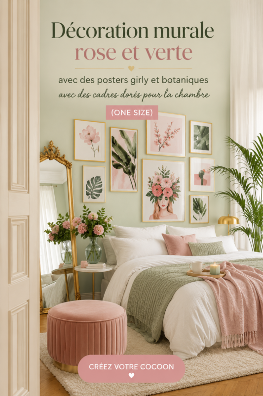 Décoration murale avec des affiches roses et vertes dans une chambre cosy.
